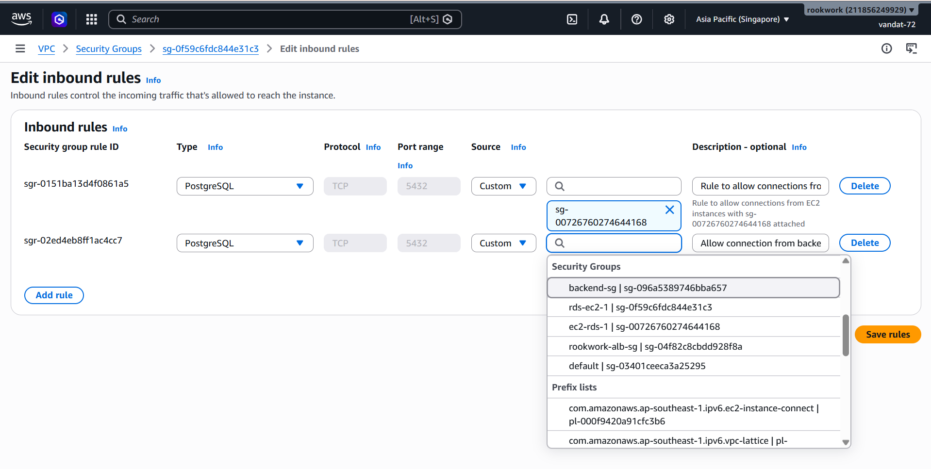 Edit inbound rules of rds-ec2-1: PostgreSQL port 5432 only from ec2-rds-1 and backend-sg