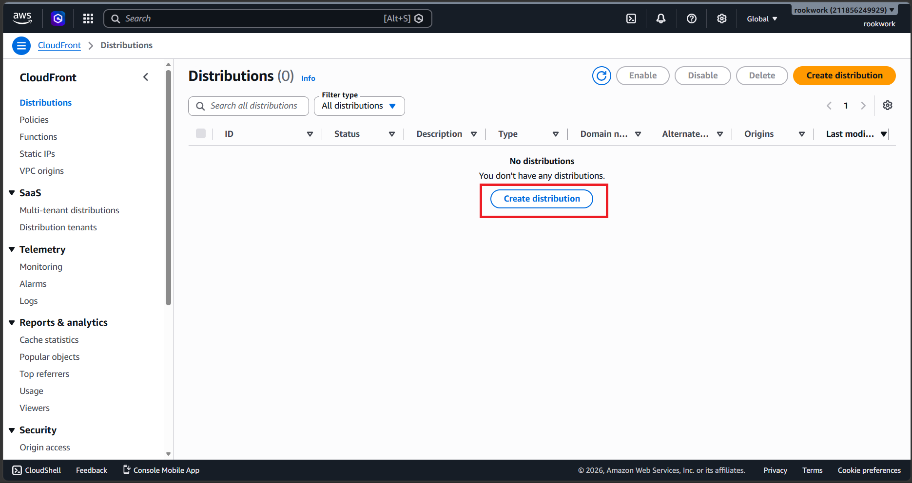 Access CloudFront and click Create distribution