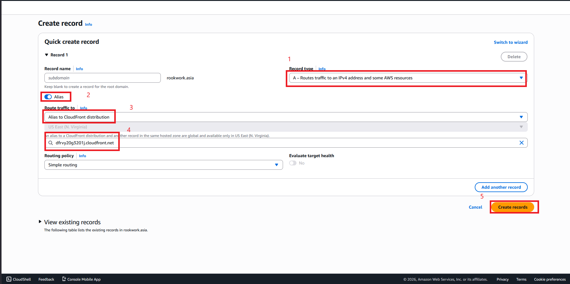 Configure A Alias Record pointing to CloudFront
